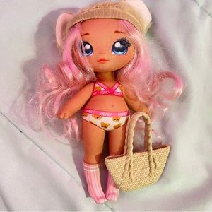 Na Na Na Surprise doll Sarah Snuggles teddy bear pink hair fuzzy beanie EUC MGA